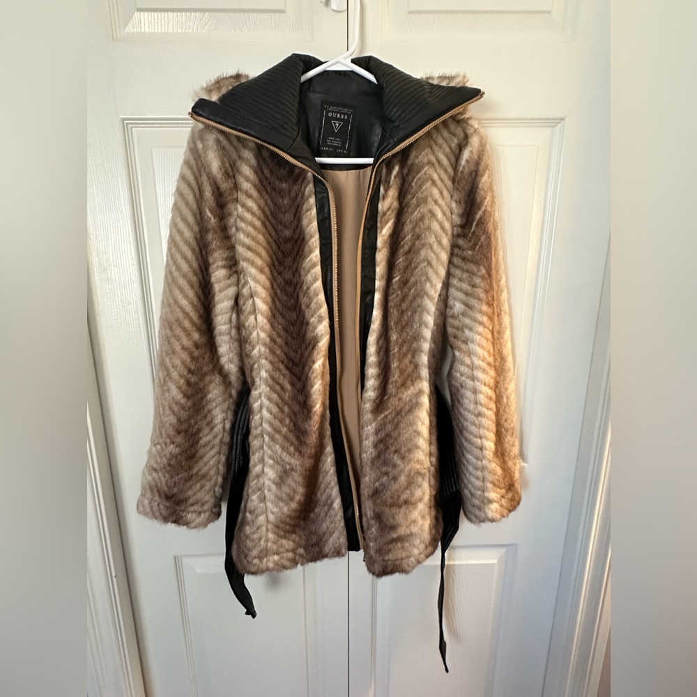 Guess Faux Fur Belted Jacket - Brown and Black - Picture 7 of 12